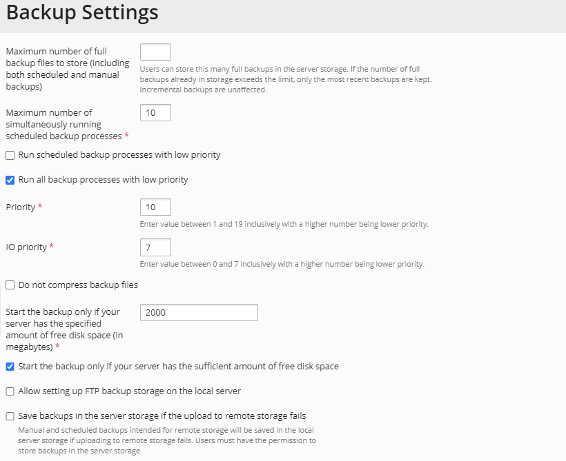 Plesk Backup Settings