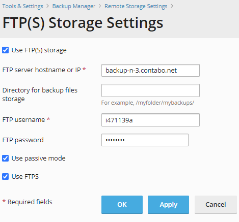 Plesk Backup Manager Storage Settings