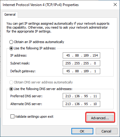IP and DNS dialog window