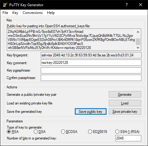 PuTTY key generator for Windows can create SSH keys using the RSA, DSA, ECDSA, ED25519, and SSH-1 (RSA) algorithms.