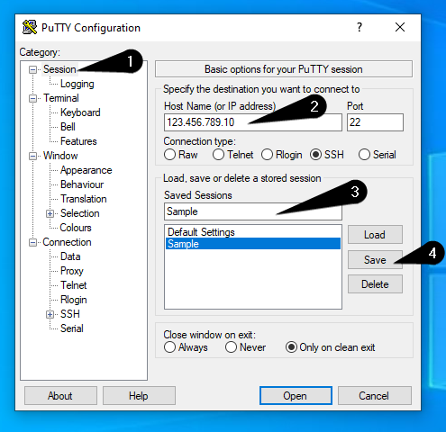 putty settings for ssh session windows server