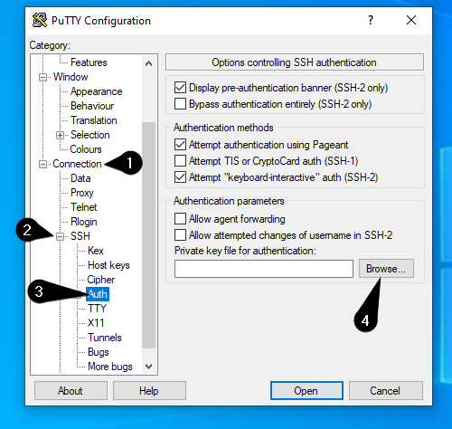 Follow these four steps to select your private key via the PuTTY key generator.