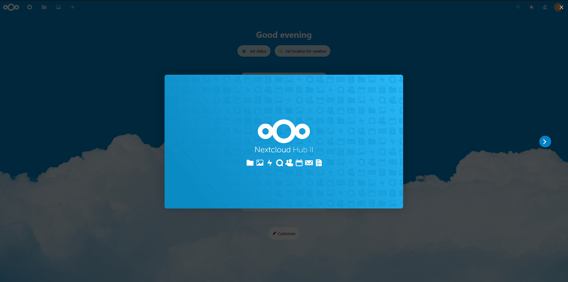 The installation screen confirming you've successfully installed Nextcloud.