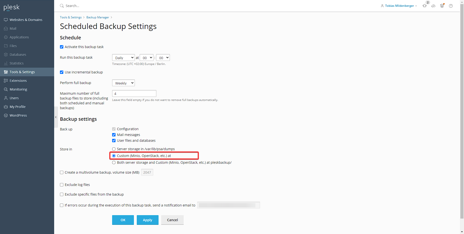 Scheduled Backup settings