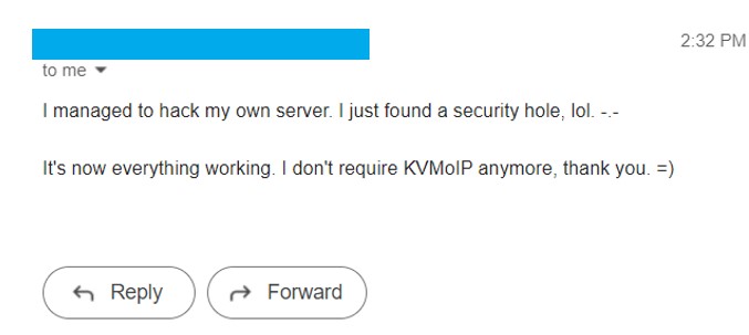 Screenshot from a customer's email where he solved his own server access problem.