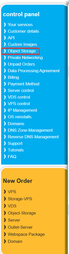 Customer Control Panel - Select Object Storage