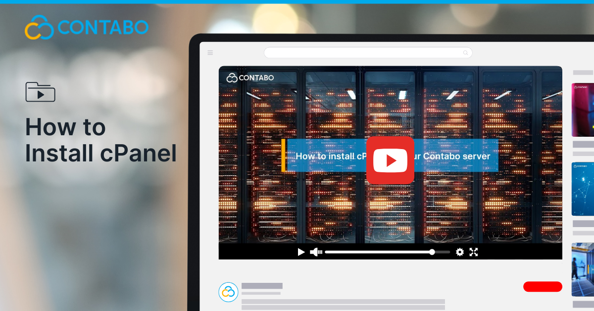 Contabo tutorial video on how to install cPanel, shown on a server-themed interface