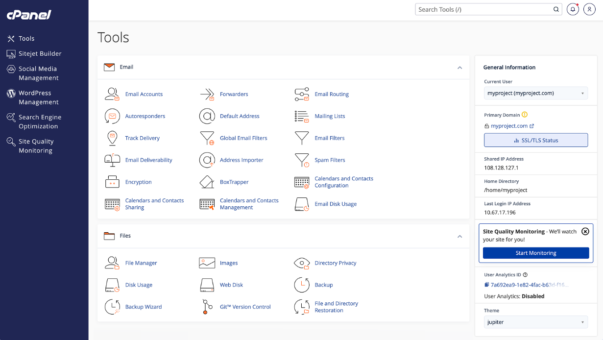 cPanel dashboard - main interface for users with navigation menu for emails, files and more