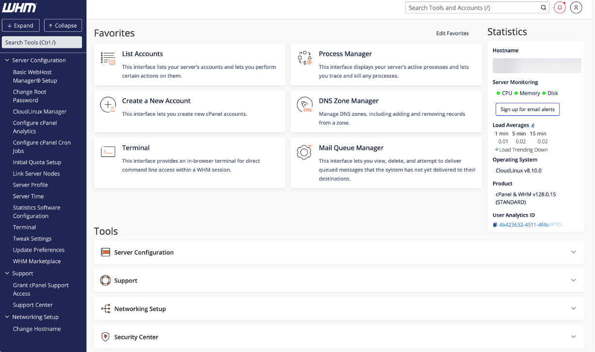 WHM dashboard from cPanel - main interface for administrators with navigation menu for accounts, DNS zones and mails