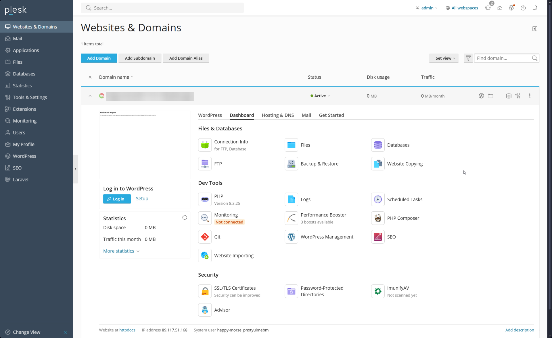 Plesk dashboard - unified control panel in the user view showing websites, subscriptions, and server tools