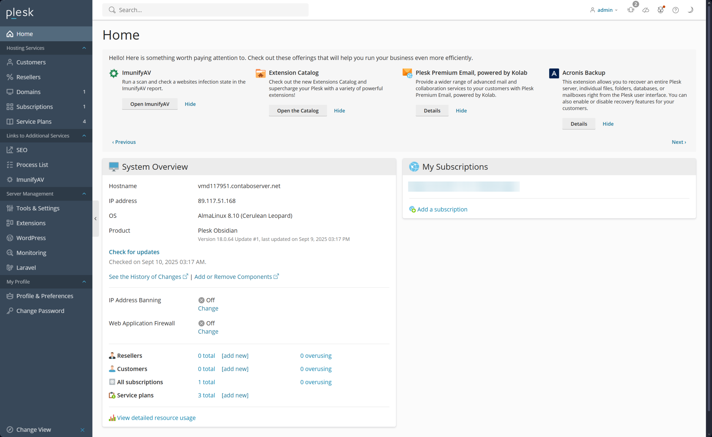 Plesk dashboard - unified control panel in the service provider view showing system overview, subscriptions and more