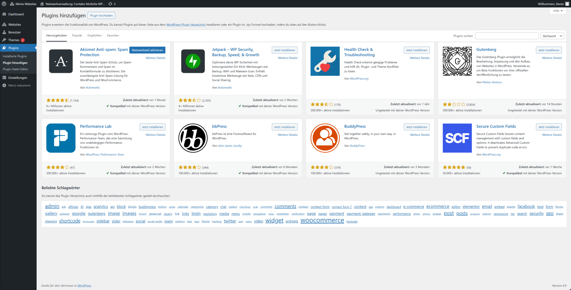 Ein Bild der Plugin-Seite in WordPress mit einigen möglichen Plugins
