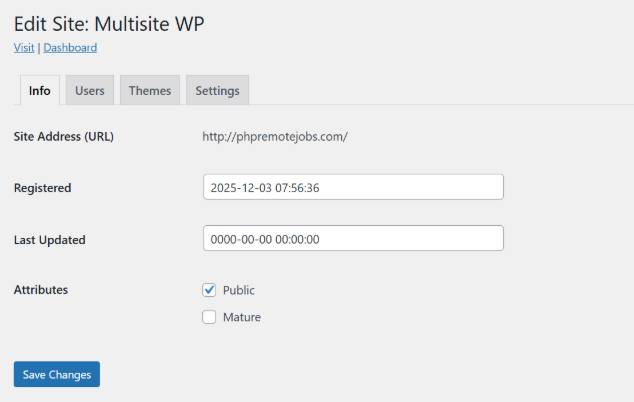 Interface of editing a site in Multisite