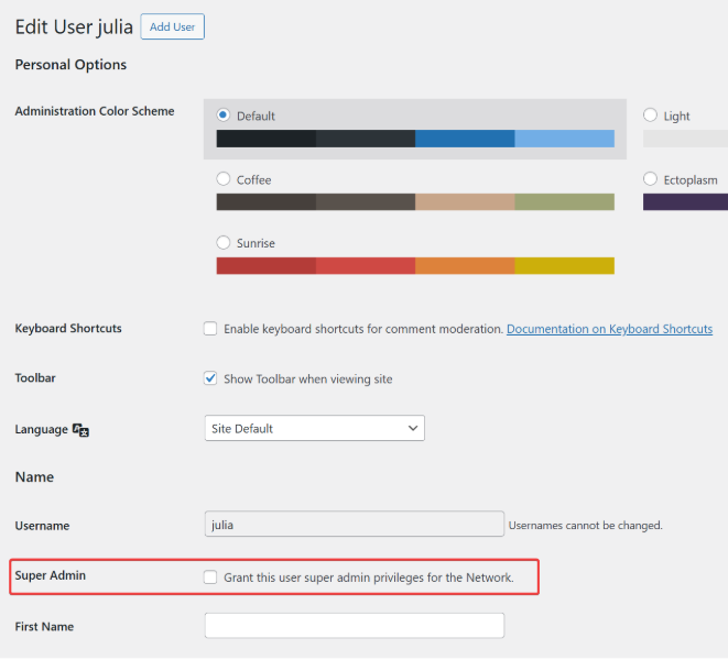 User Management interface showing the Super Admin option