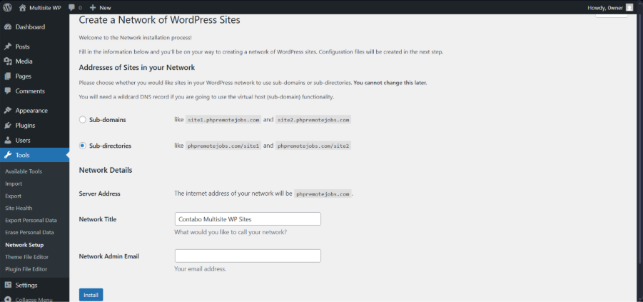 Interface of Tools → Network Setup in your WordPress admin