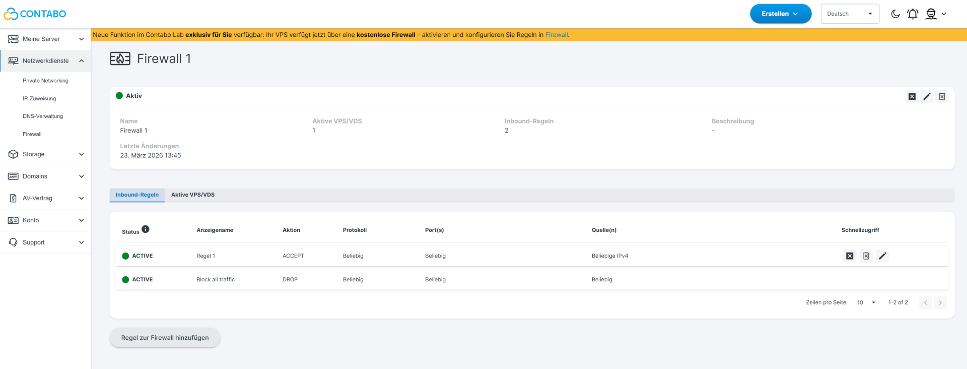Contabo Customer Control Panel - Dashboard für Netzwerkdienste