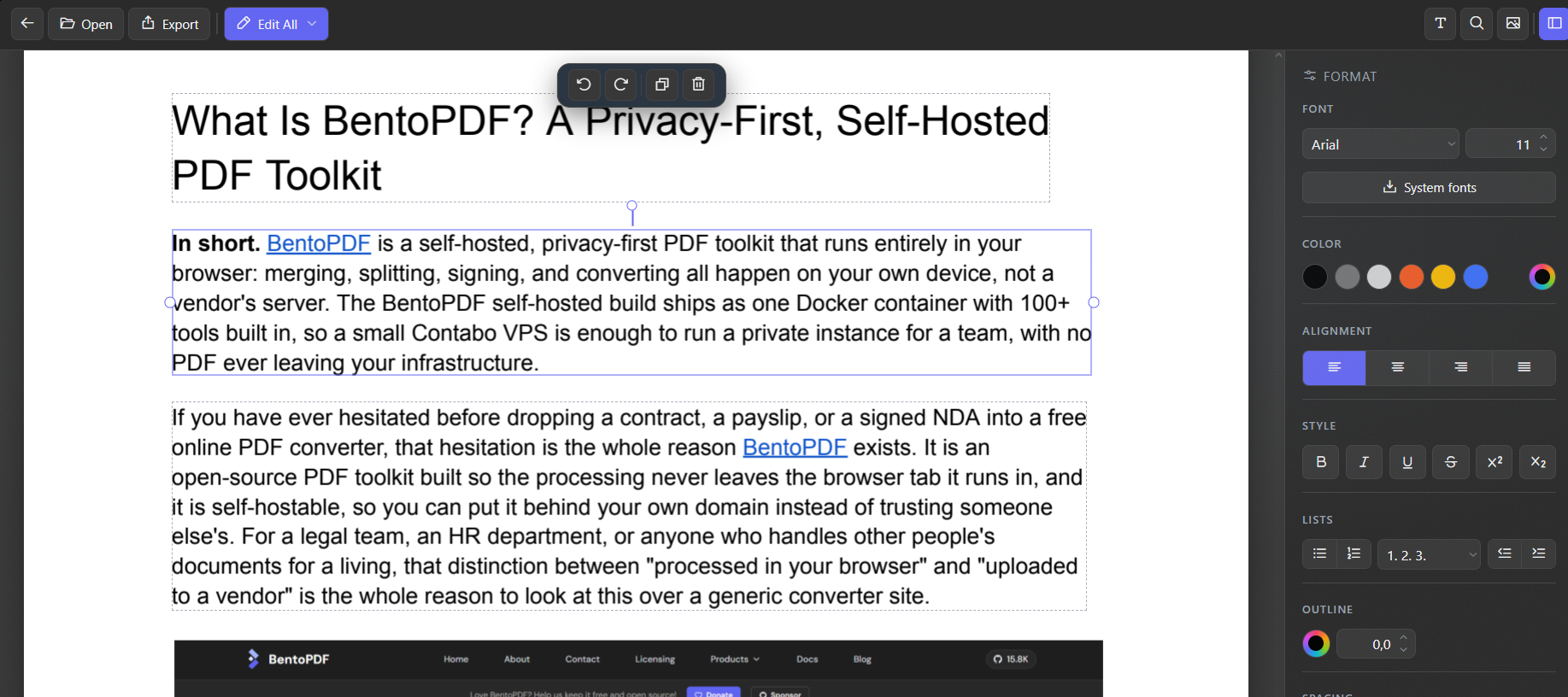 Editing a PDF with a self-hosted BentoPDF instance