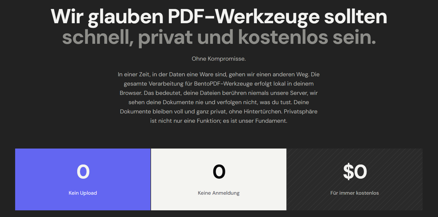 Statement von der BentoPDF-Webseite